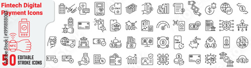 Fintech 50 Editable Stroke Icons for Digital Banking, Payment, Security and Finance UI