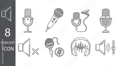 Collection of eight audio equipment icons microphones headphones and speakers