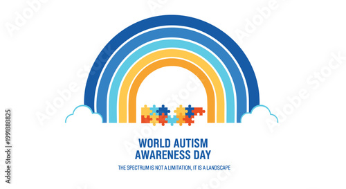 Autism awareness rainbow, World Autism Awareness Day, puzzle pieces symbol, colorful illustration, autism acceptance