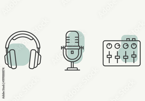 Audio equipment illustration headphones microphone and mixer console
