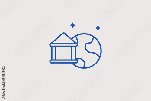 Bank building over a globe line icon for international banking and global financial systems. Worldwide Vector Illustration for offshore account services and global economy news headers.