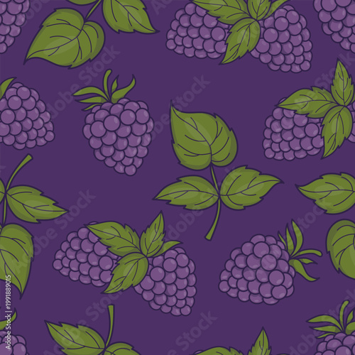 Seamless Pattern with Ripe Blackberries and Green Leaves. Dark Purple Berry Fruit Background. Botanical Forest Harvest Print. Vector Illustration.