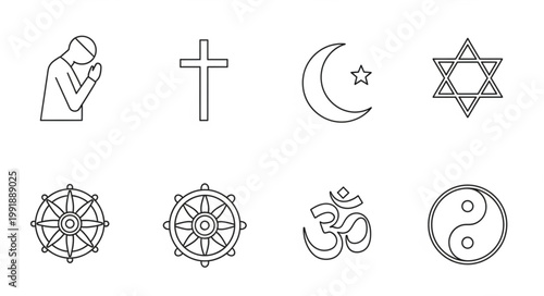 Collection of religious symbols and icons representing different faiths.