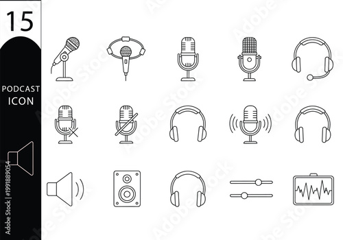 Collection of 15 audio equipment line icons microphones headphones and speakers