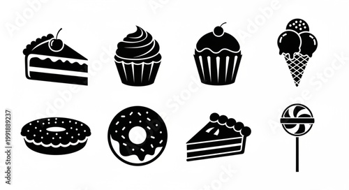 Collection of sweet dessert icons in black and white.