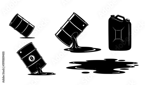 Stylized crude oil barrel silhouettes with spilling petroleum and falling fuel container concept isolated vector