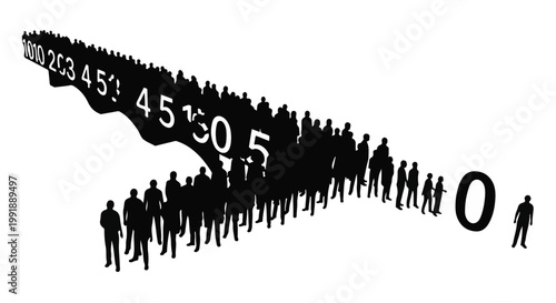 Diverse crowd of people decreasing in size forming a line with numbers illustrating population decline or reduction concept in a simple modern illustration