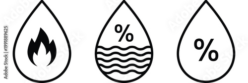 Water drop and fat percentage line icon set featuring calorie burn symbols, humidity indicators, liquid level measurement, hydration tracking elements,