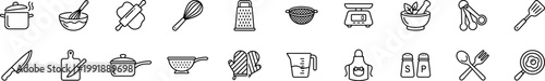 kitchen cooking utensils icons set, chef tools cookware kitchenware food preparation culinary recipe household vector line outline icon collection isolated on transparent background