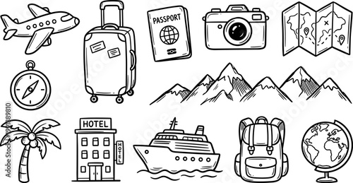 travel and tourism line icons set with airplane luggage passport camera map compass mountains hotel cruise ship backpack and globe symbols isolated on transparent background