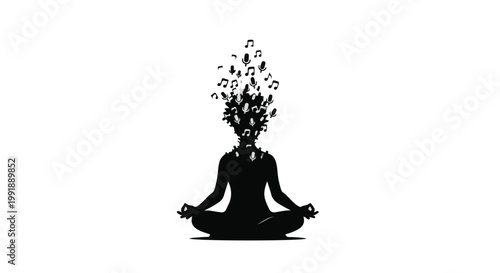 Meditating woman with leaves and flowers emerging from head in black silhouette on white background, symbolizing mindfulness and mental wellness