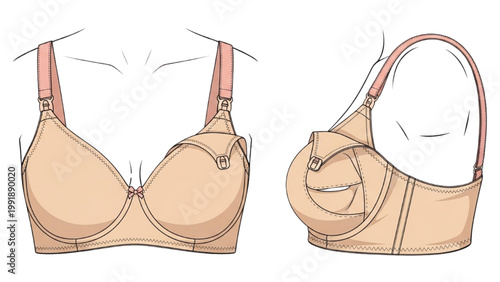 Nursing bra illustrations showcase front and side views of product