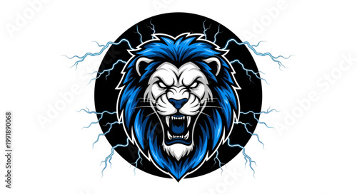 Roaring lion head with blue mane and electric effects on black background