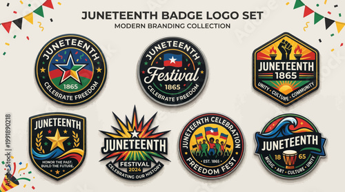 Juneteenth celebration badges showcase Freedom Day symbols and Emancipation icons