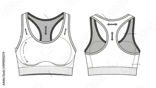 Technical drawing of a sports bra showcasing front and back views