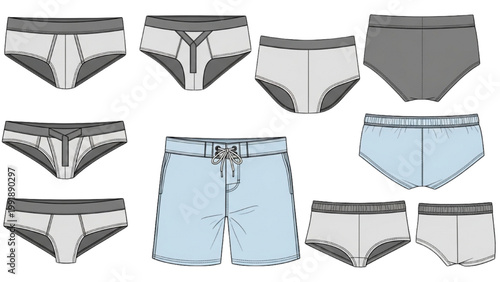 Illustration of various men's underwear and shorts on display
