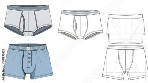 The illustration shows various men's underwear designs on white