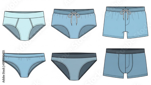 Illustration of various blue underwear types on display