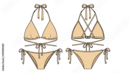 Illustration shows two tan bikinis with ties on a white background