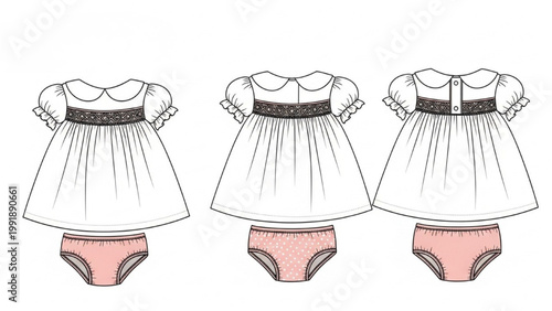 Three baby dresses and panties are shown from different angles on a white background