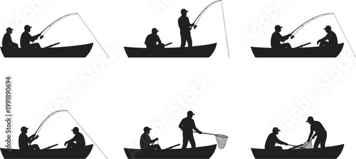 Fishing boat silhouette collection, anglers casting rods catching fish, lake outdoor recreation isolated vector set adventure nature peaceful waters scene