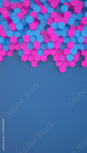 Vertical illustation of blue and magenta color hexagons - abstract background - wallpaper.
