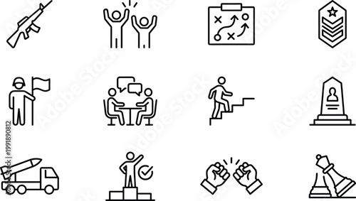 Military strategy icons collection, army defense leadership symbols, isolated vector illustration design bundle set outline