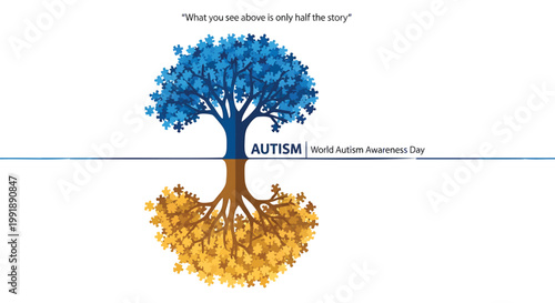 Autism awareness tree, World Autism Day, puzzle piece symbol, blue and yellow, autism acceptance