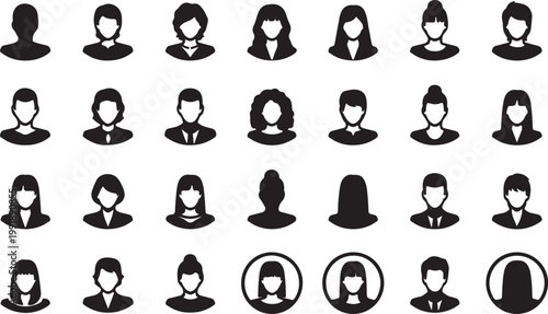 Diverse set of stylized silhouetted professional avatars arranged in a grid layout silhouette vector icon