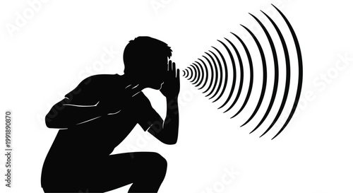 Man shouting loudly with sound waves emanating from mouth in black silhouette on white background