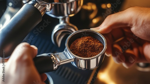 barista. Close-up of hands using a tamper to press coffee grounds in a portafilter on a countertop with a coffee machine in the background