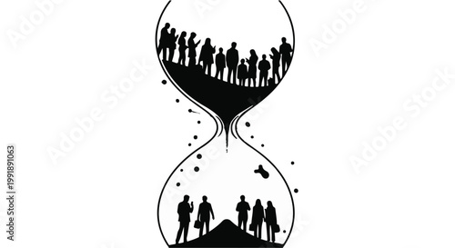Diverse people silhouettes escaping hourglass time concept, freedom and opportunity for business professionals and individuals in modern society