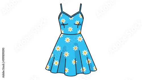 A stylish blue floral dress hangs freely on a neutral background