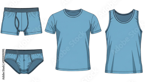 Illustration of blue clothing set including shorts and underwear and tops