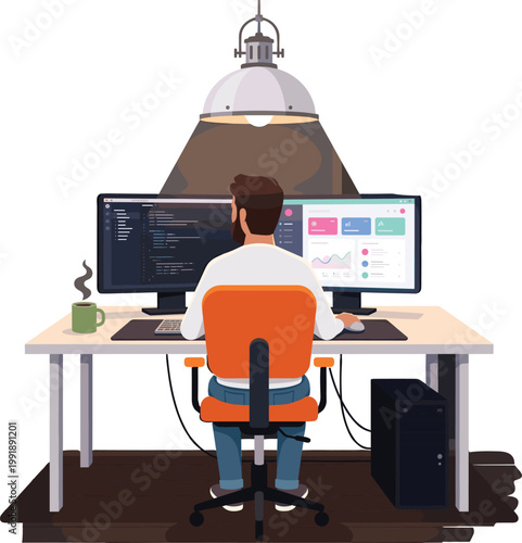 Software developer coding at workstation, programmer office desk setup, dual monitor computer workspace technology illustration modern digital creative office scene