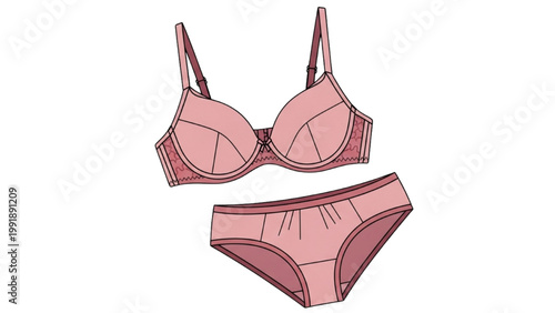 The illustration depicts a pink lingerie set comprising bra and panties.