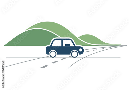 Stylized illustration of a dark blue car driving on a winding road