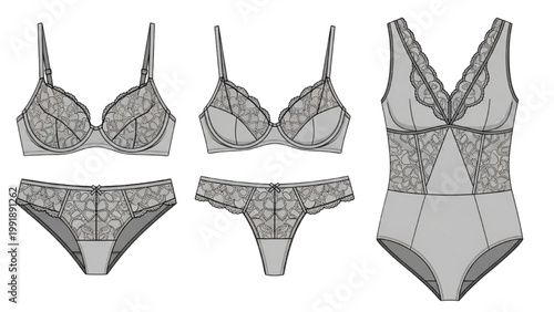 Illustration of various lingerie sets and bodysuits on display