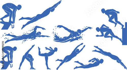 Swimming athlete silhouettes collection, swimmer dive freestyle poses, aquatic sport illustration isolated vector set dynamic blue modern action scene