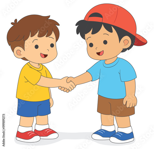 Kids making peace and shaking hands, friendship and forgiveness concept