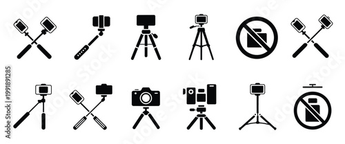 Selfie stick icon set for mobile photography featuring monopods, tripod stands, smartphone holders, and no camera symbols, modern minimalist line art for social media apps, photography tools