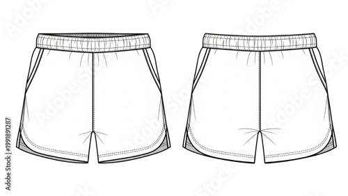 The illustration shows two pairs of shorts from front and back views.