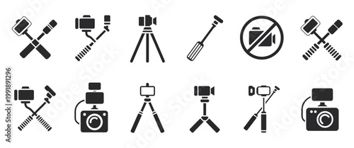 Selfie stick icon set for mobile photography featuring monopods, tripod stands, smartphone holders, and no camera symbols, modern minimalist line art for social media apps, photography tools