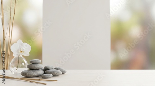 Serene spa setup with stacked stones, orchid, and incense sticks on a table by the window.