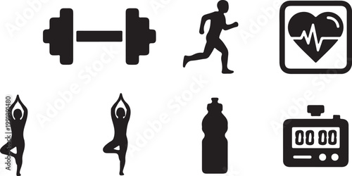 Essential icons representing various aspects of fitness and health routines silhouette vector icon