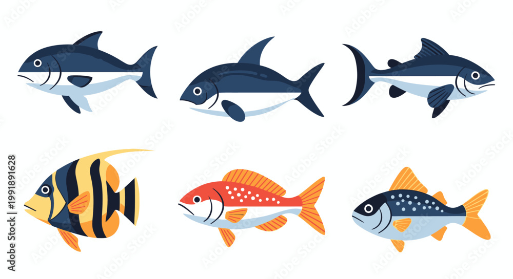 Fototapeta premium Colorful cartoon fish collection isolated on white background for various design projects