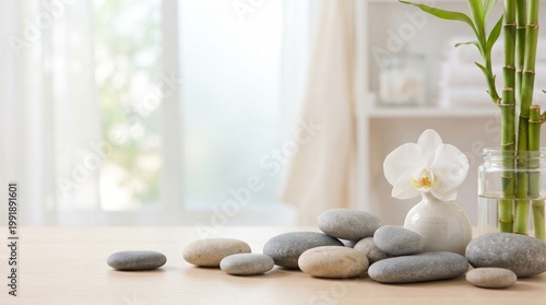 Serene indoor scene with stones, an orchid, and bamboo in a vase on a table by a window.