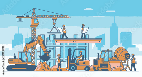 Construction site scene with crane excavators and workers blueprint