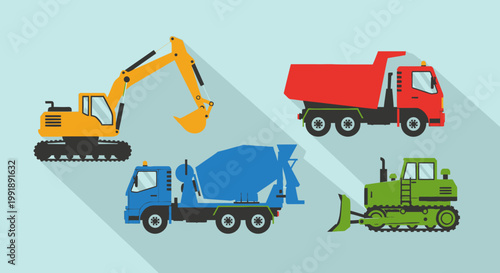 Construction vehicles set excavator dump truck concrete mixer and bulldozer