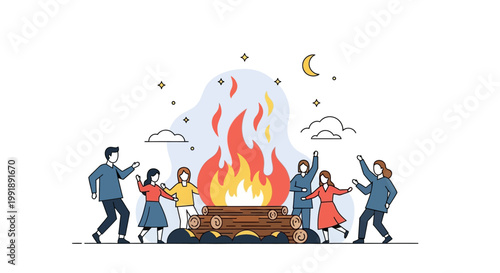 People celebrating around a bonfire at night.